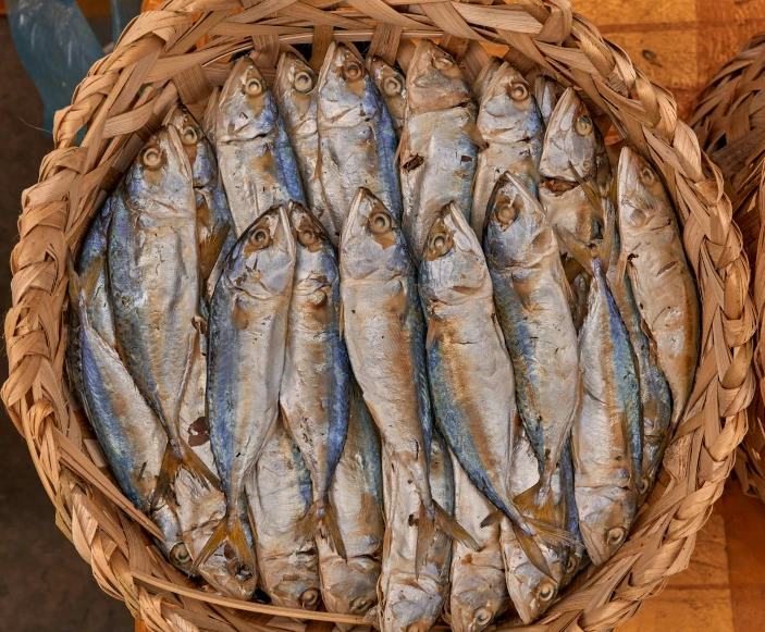 fish sitting in a bowl on a wooden table