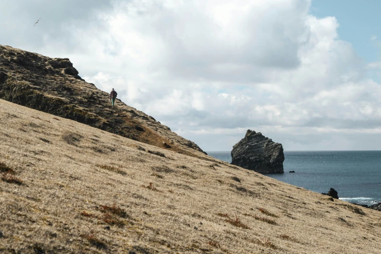 a man standing on top of a hillside near the ocean