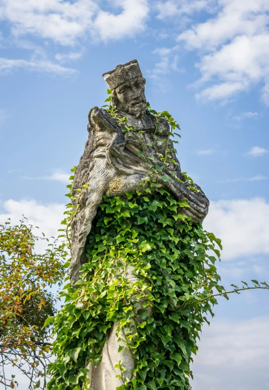 there is a large statue covered with plants