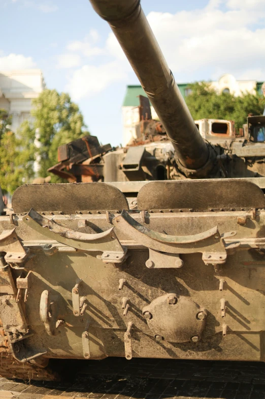 a close up view of an old military tank