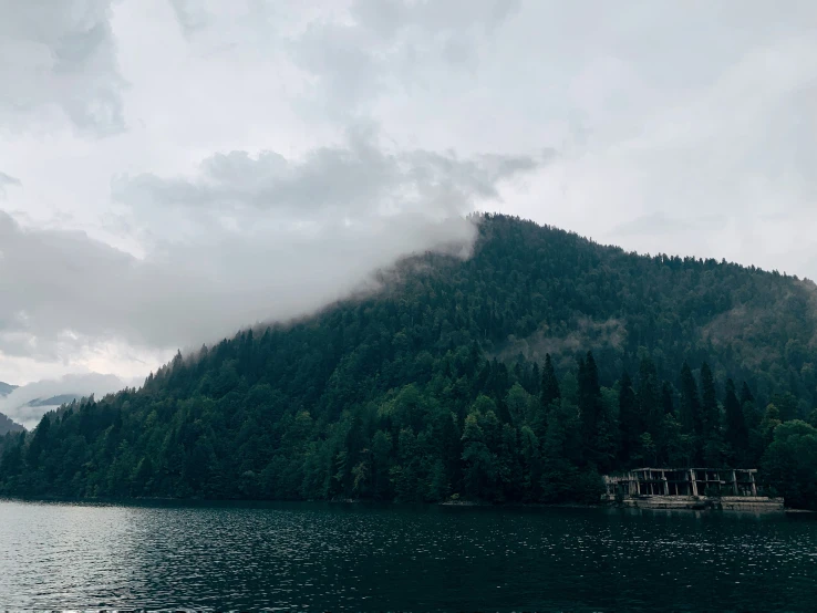 an island with some tall trees on the side