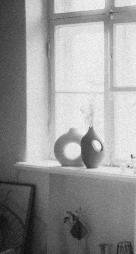 a vase is on the window sill beside the sink