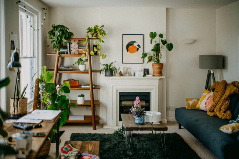 living room with couch and shelves on the wall