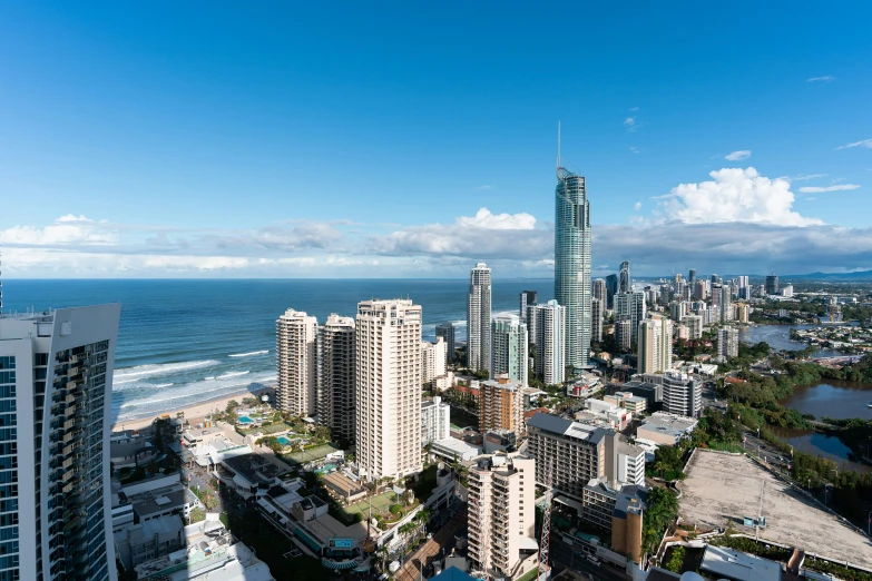 a high rise view of the ocean from a high building