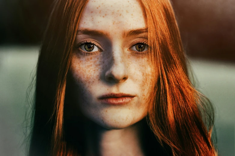 a young red haired woman with freckles on her face