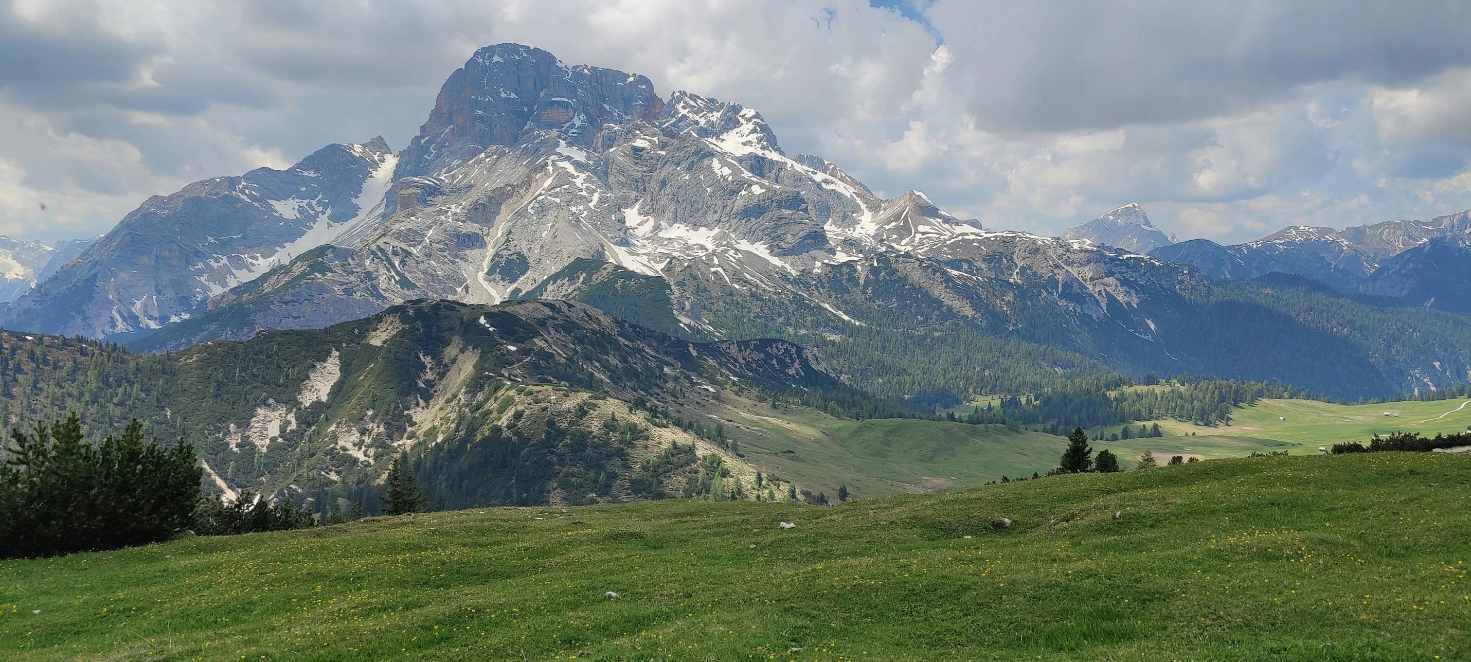 a grassy hill with a grass field below and mountains in the background