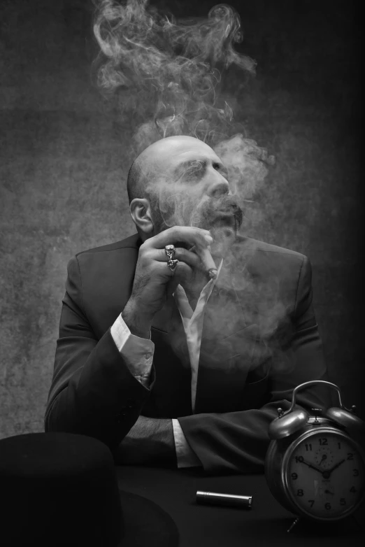 a man smokes as he sits in front of an alarm clock