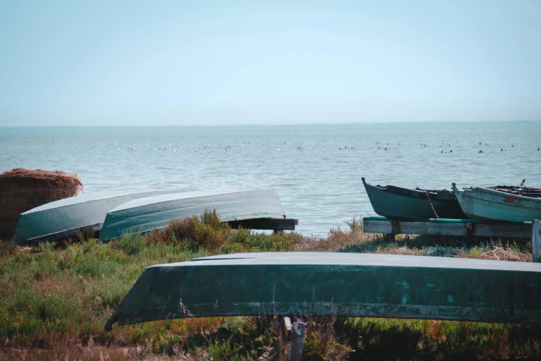 boats on shore with sea in the background