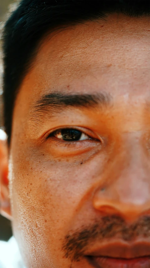 an asian man's eye looks over the side of his face