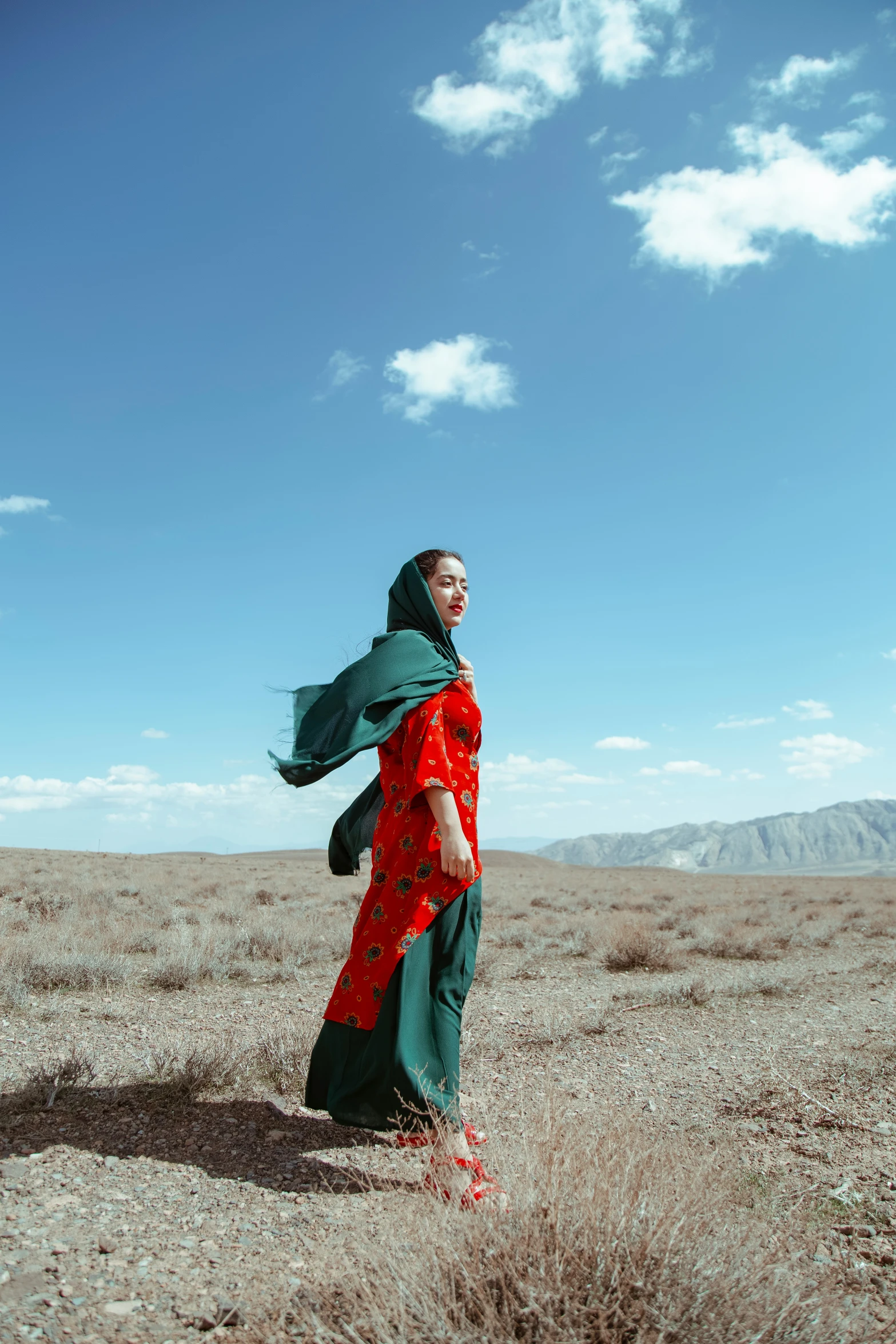 woman wearing green and red dress standing in a field