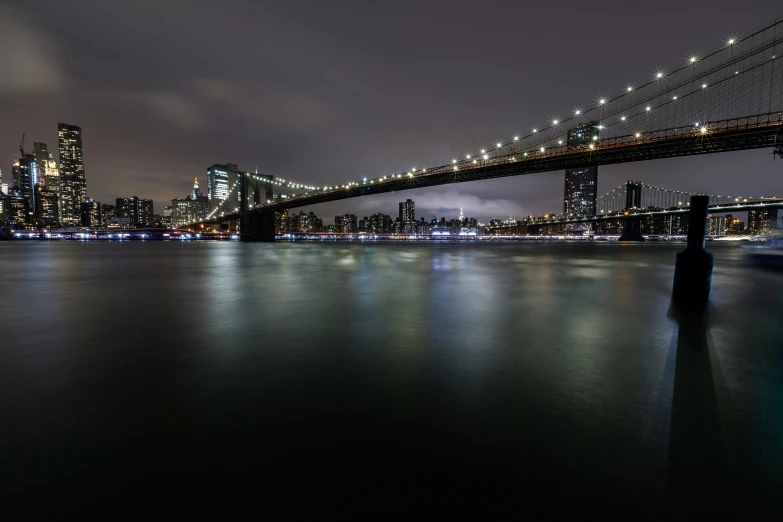 long - exposure night view of the city with a view of the brooklyn bridge, new york city