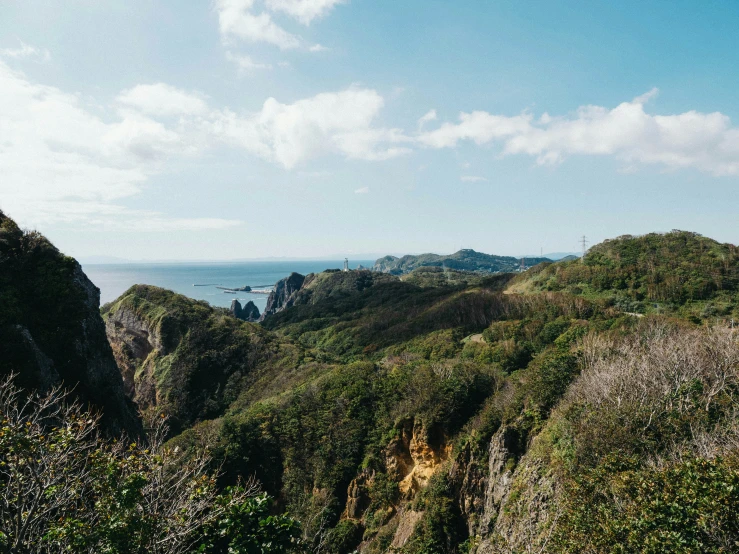 many rocky hills with trees and bushes near the ocean