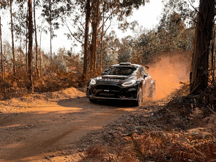 a rally car driving in the forest during a trail race