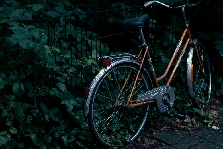 an old rusty bike is locked to a green fence