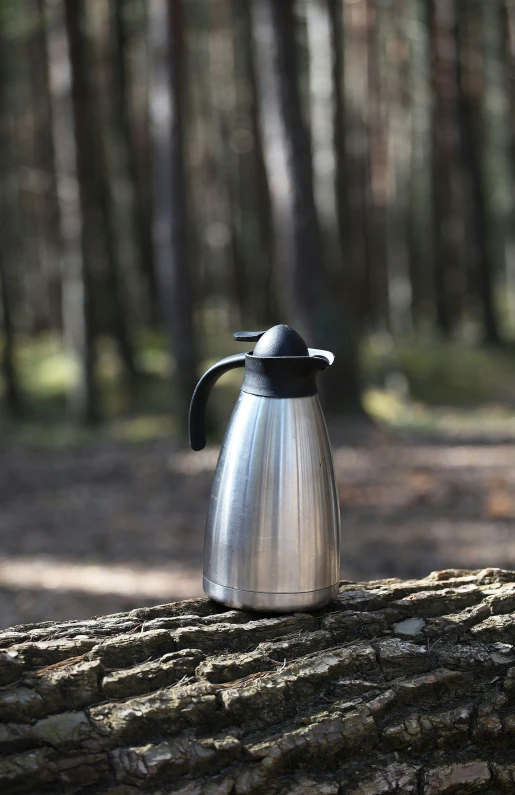 a kettle on a tree log in the forest