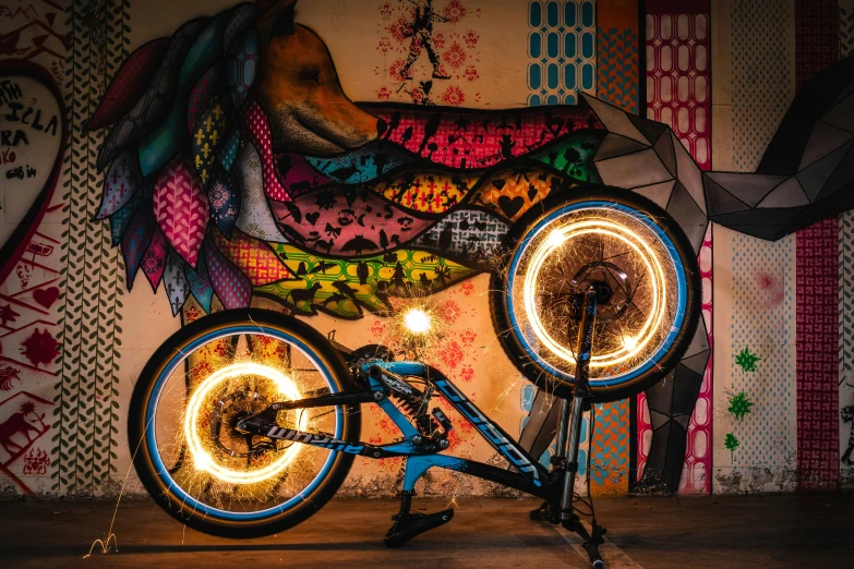 there is a bicycle that has many lights on it