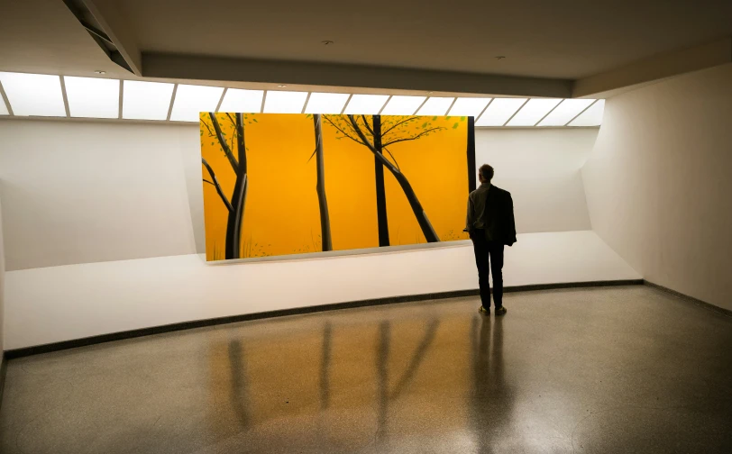 a man stands in front of an art work