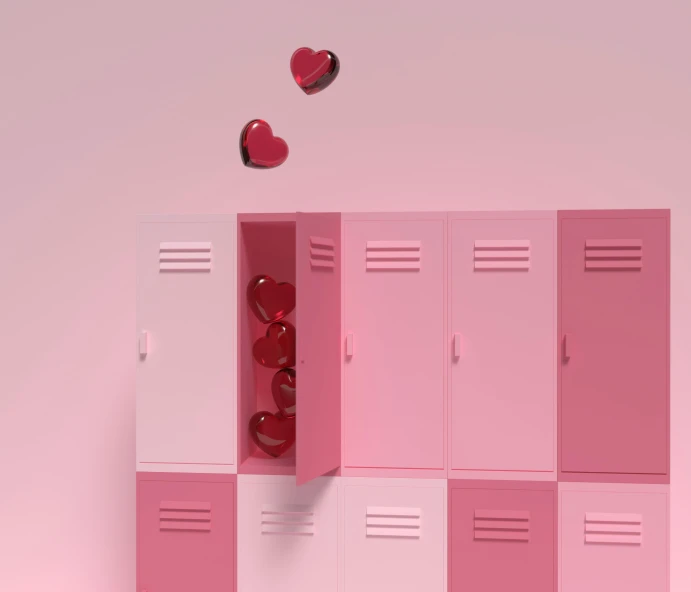 red heart shaped balloons are above a pink storage cabinet