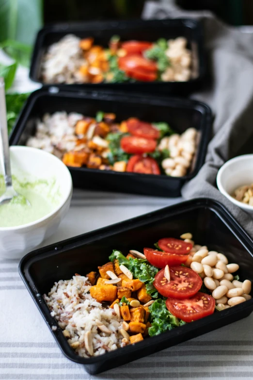 plates filled with rice, vegetables and beans