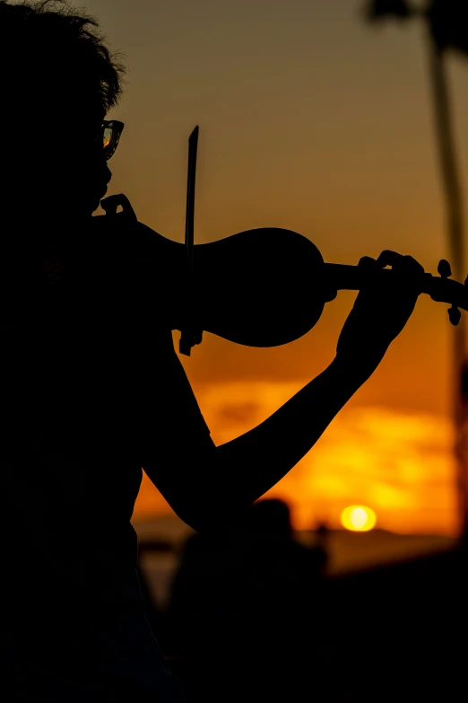 a man with glasses playing the violin at sunset
