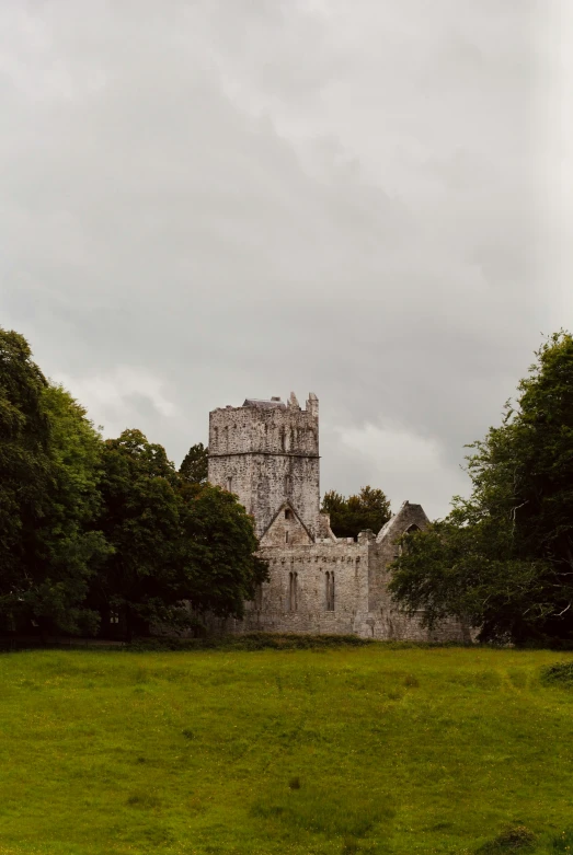 a large building is standing in the grass near some trees