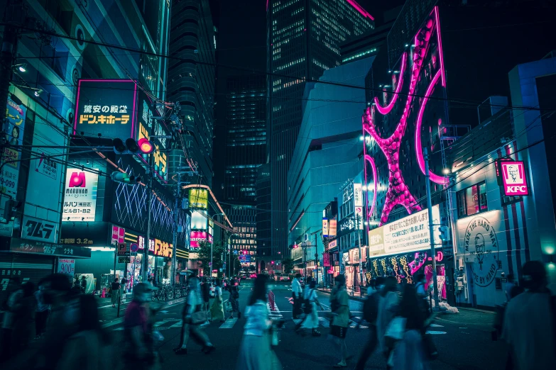 neon lights shine brightly on an urban street at night