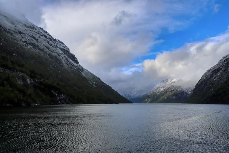 a large lake sitting between mountains on a cloudy day