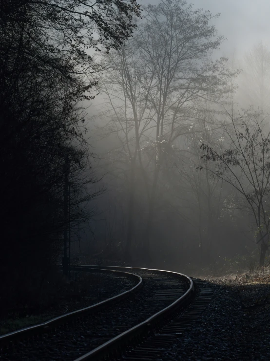 a dark and misty scene of train tracks