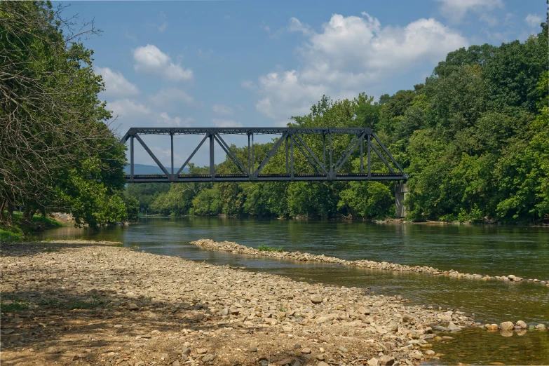 a train bridge spanning over the water between a forest