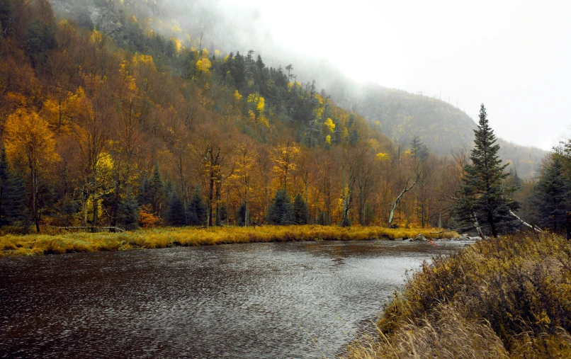 a river is surrounded by mountains with trees in autumn