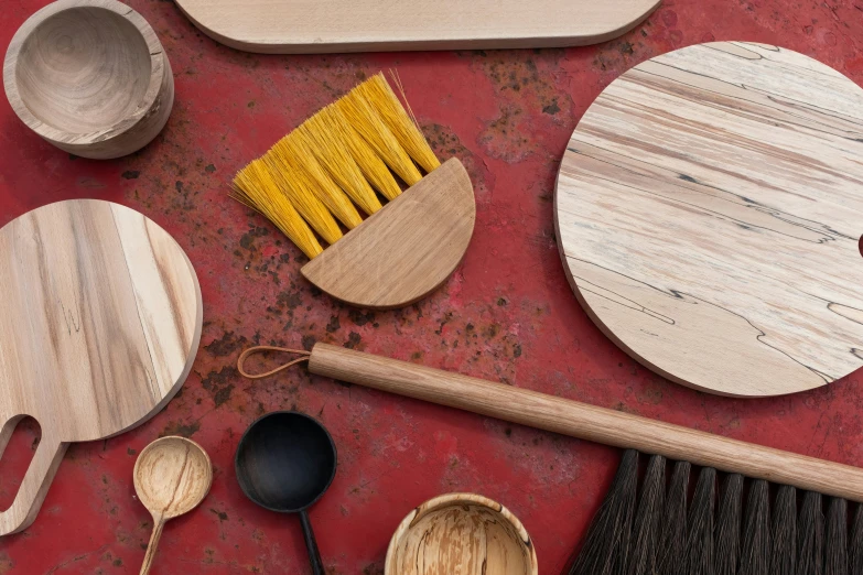 a close - up view of various wood utensils
