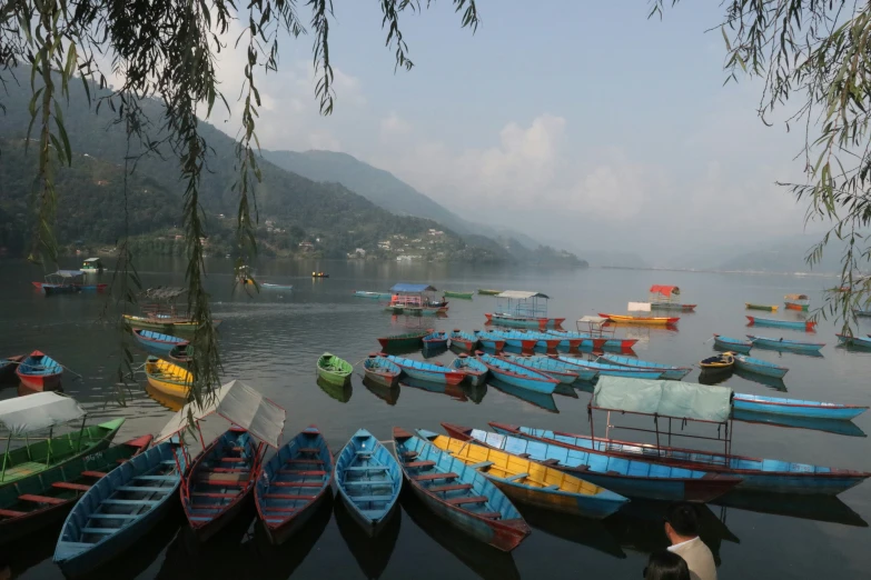 many small blue boats are docked in the water