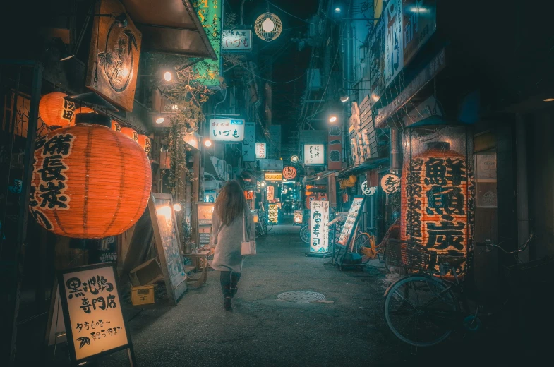 a narrow asian alleyway with signs and lanterns