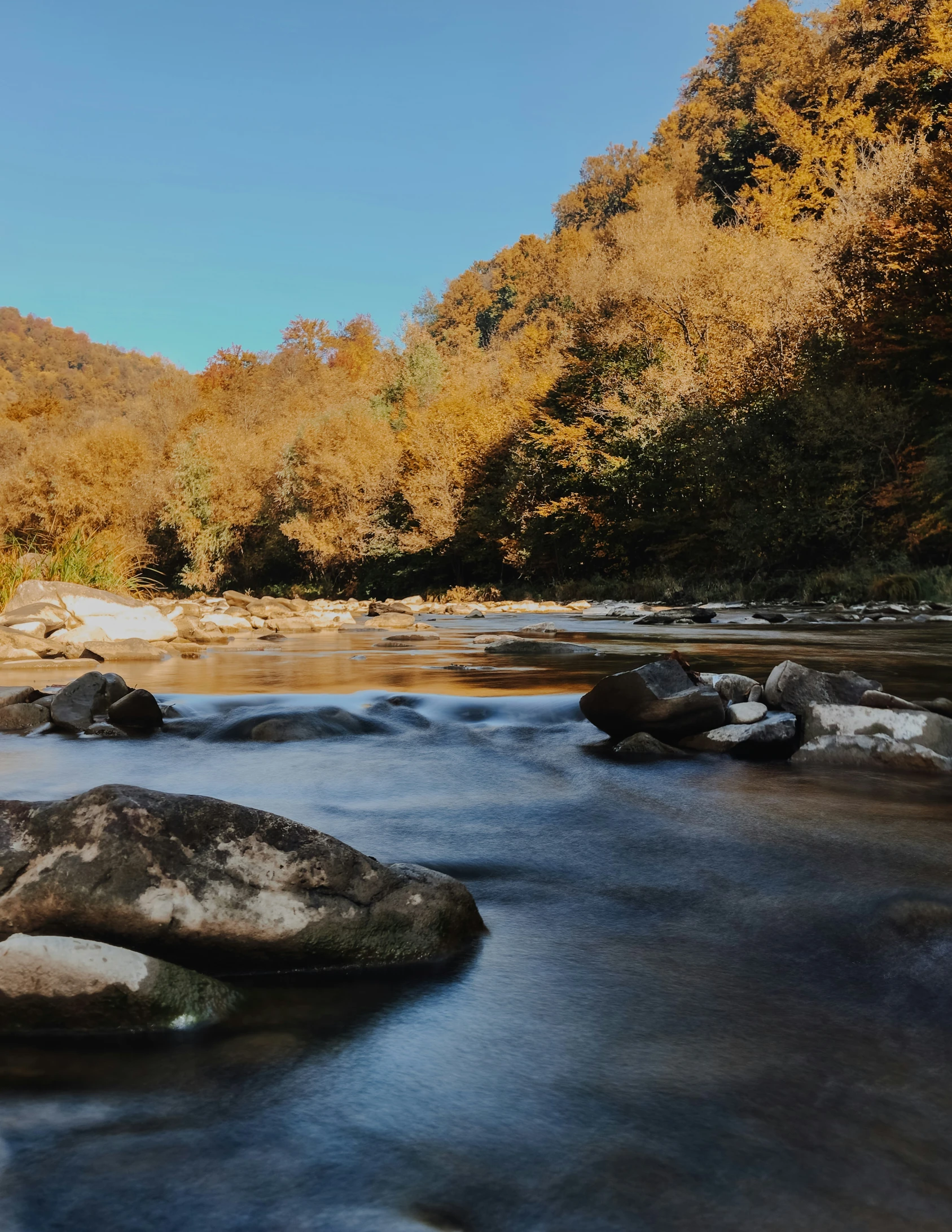 a wide river with rocks and water surrounded by trees