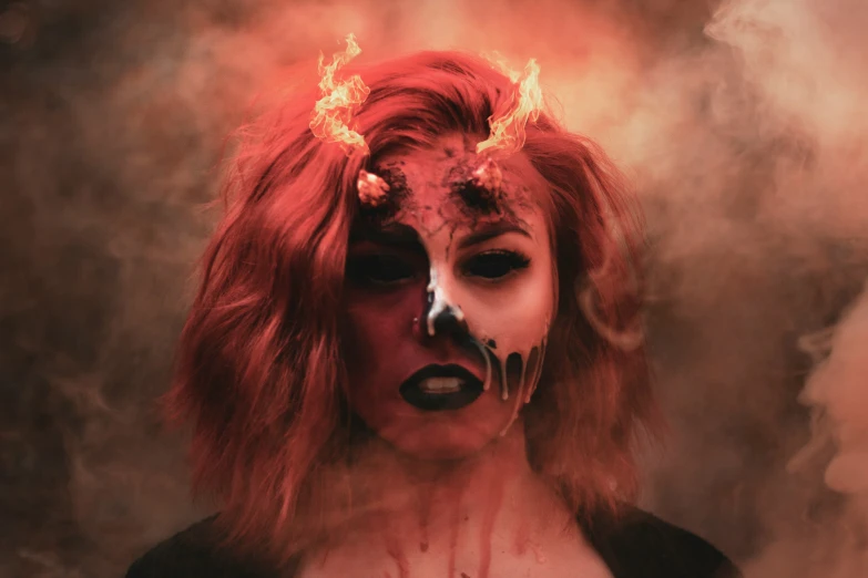 a person with bright red hair and horns on their face