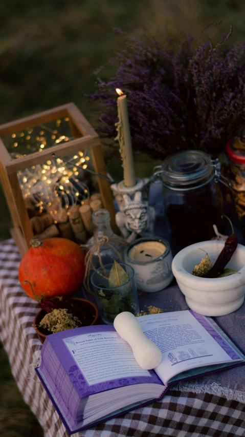 a table with various items for an outdoor feast