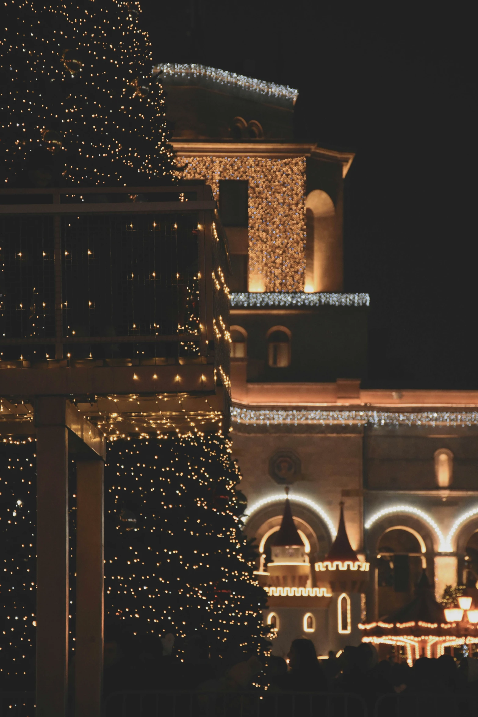 illuminated lights decorate the top of a large house