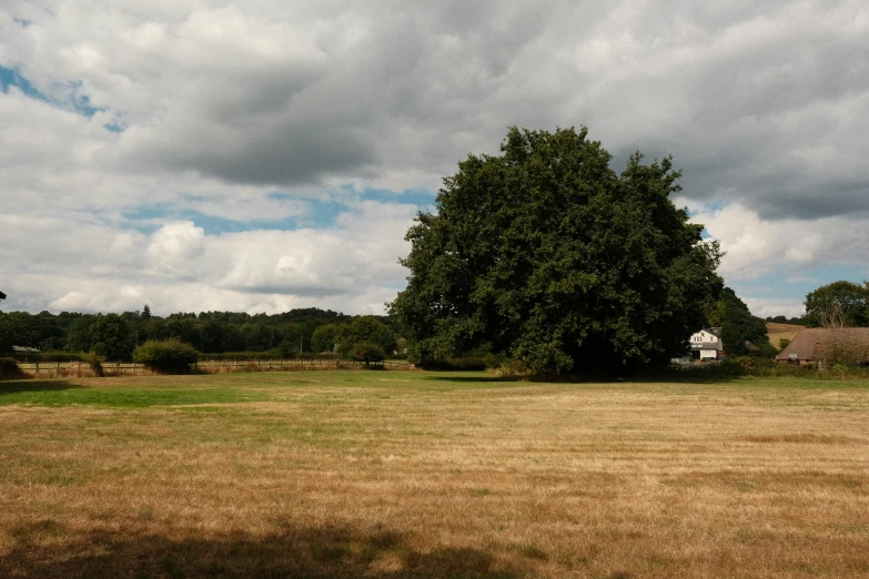 an empty field with a barn and trees in the distance