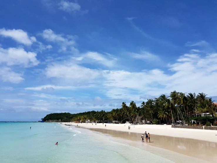 people are walking on the beach in front of palm trees