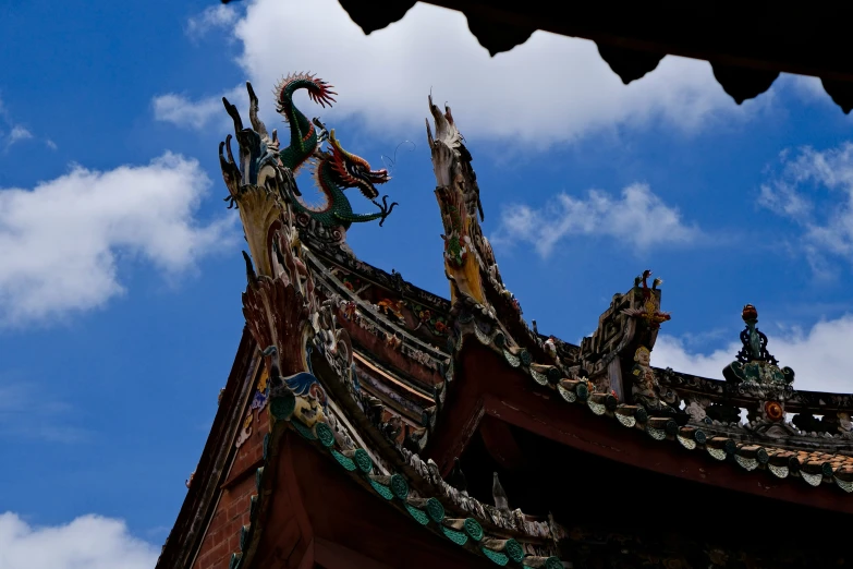 a chinese roof with green and orange colors