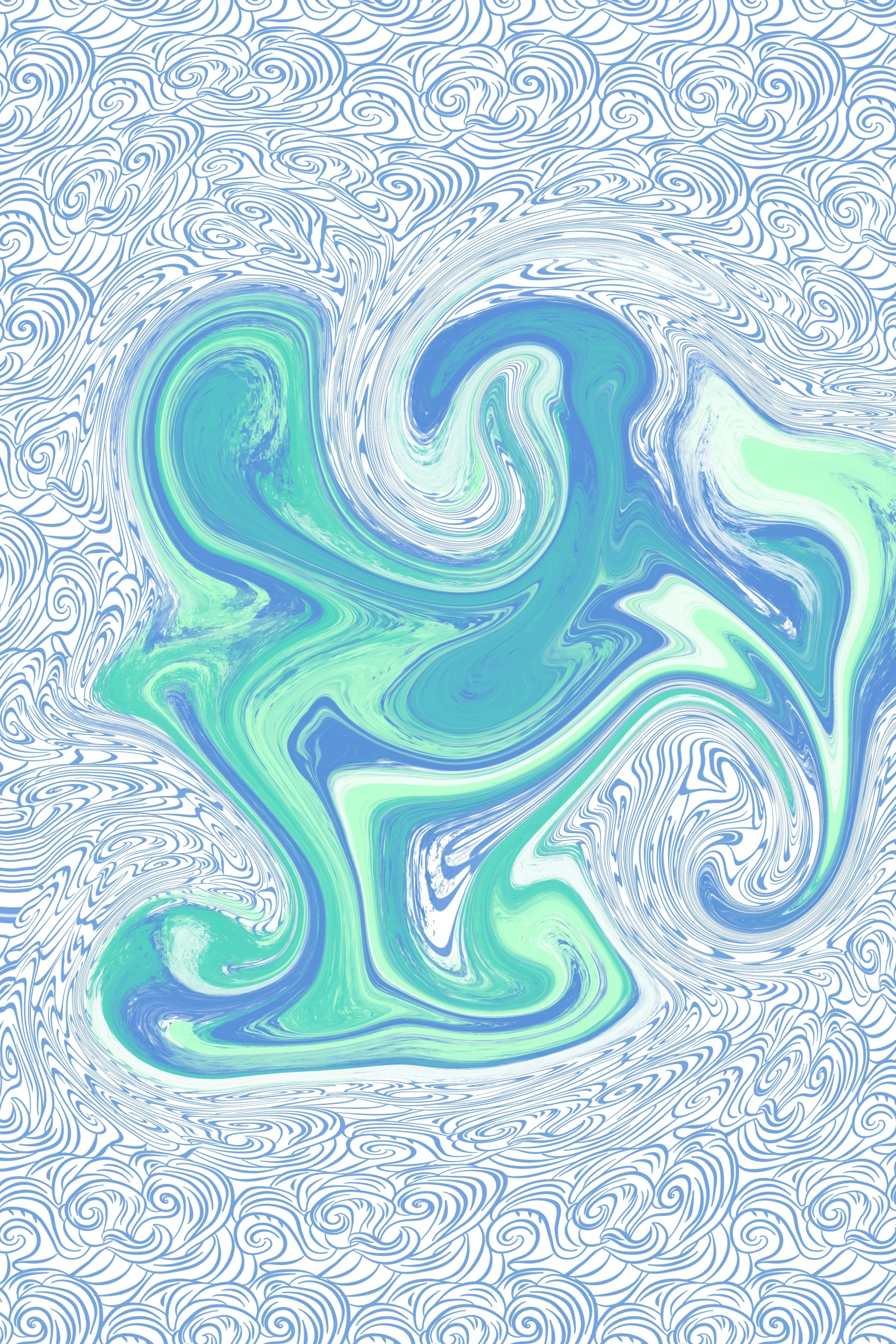 a blue drawing of an ocean wave