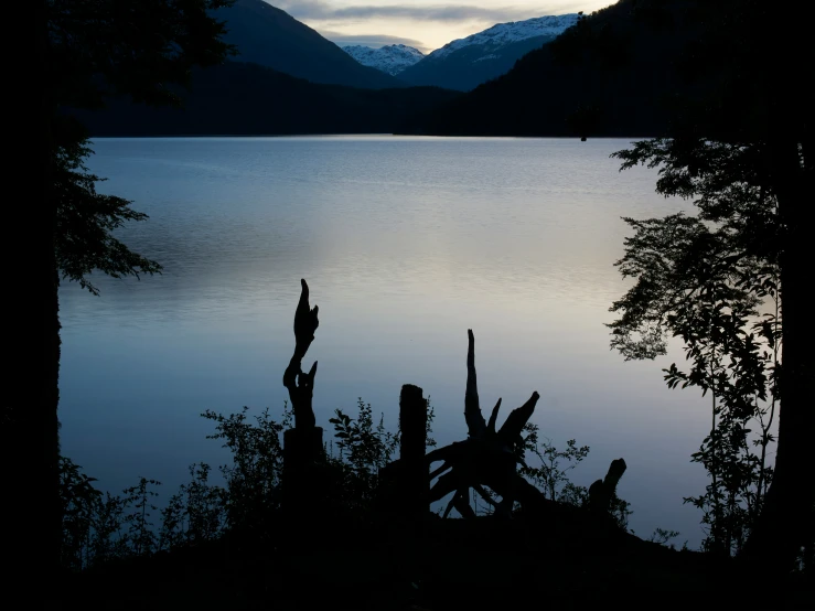 trees, water, and mountains are seen at dusk