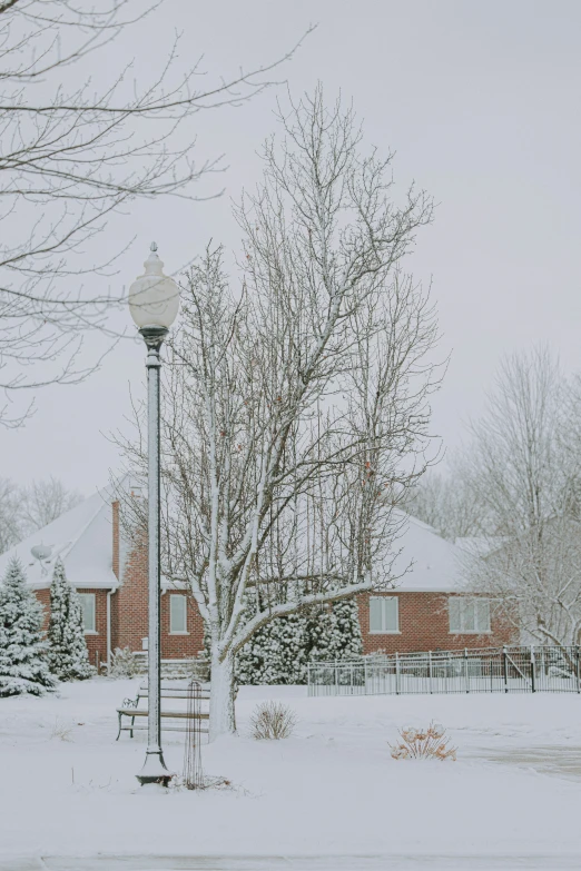 a building with a clock tower is next to a snowy park