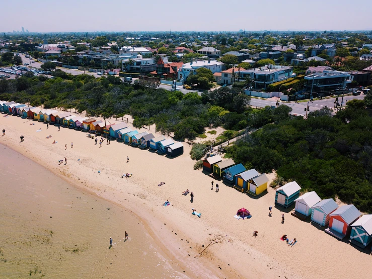 a beach with a group of people walking around