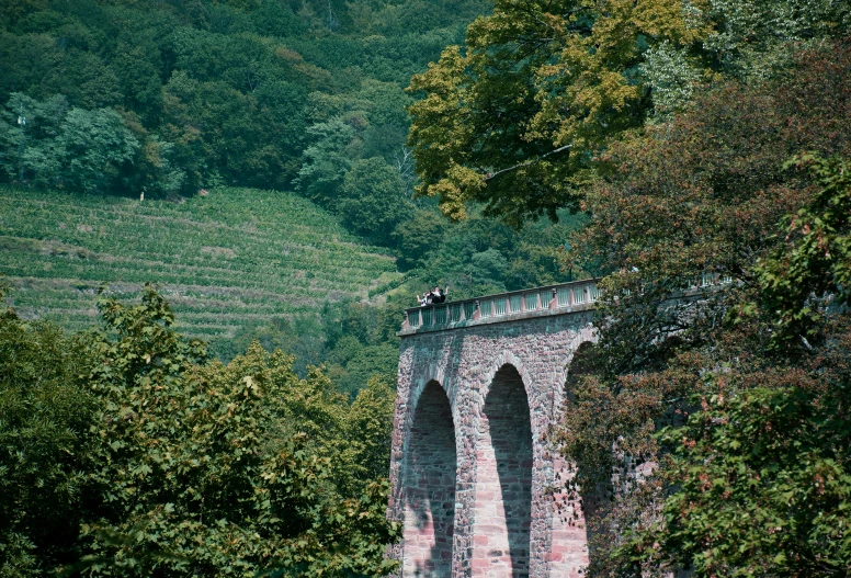 a bridge in the distance near trees and hills