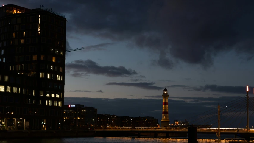 a building is lit up in the night time