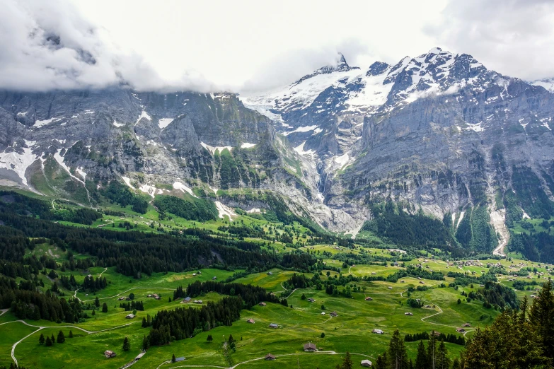 a valley covered in green grass and mountains