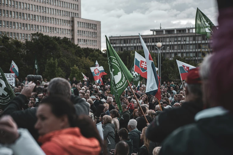 people wave flags and sing into the crowd