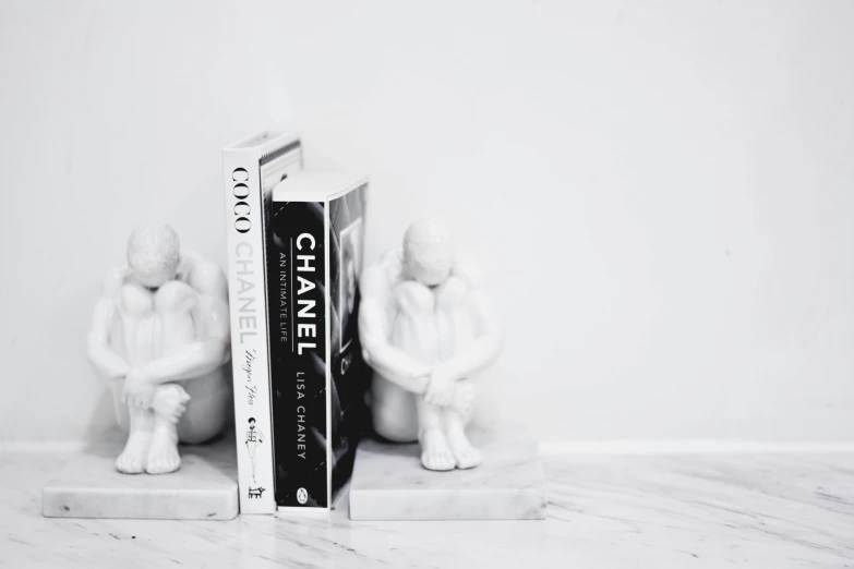 some little white statues are by some books