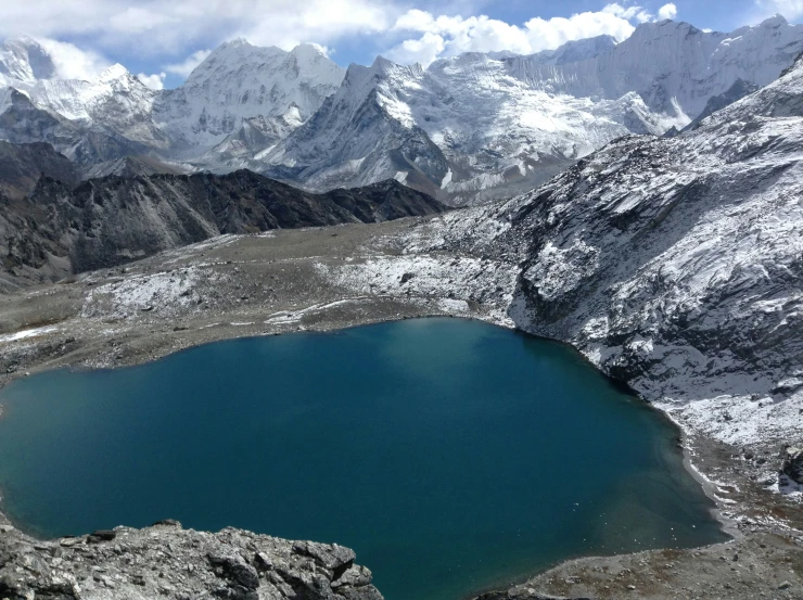 a large body of water surrounded by snow covered mountains